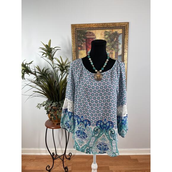 Cato Tops - Cato Blouse Top Women's Large White Blue Floral Bohemian Resortwear Festival